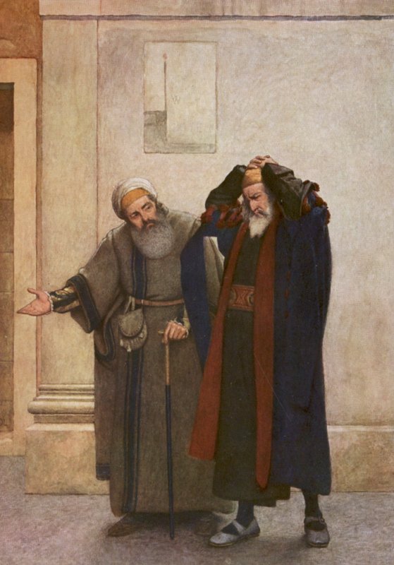 Shakespearen Venetsian kauppias: Shylock ja Tubal (värilitografia). tekijältä James Dromgole Linton