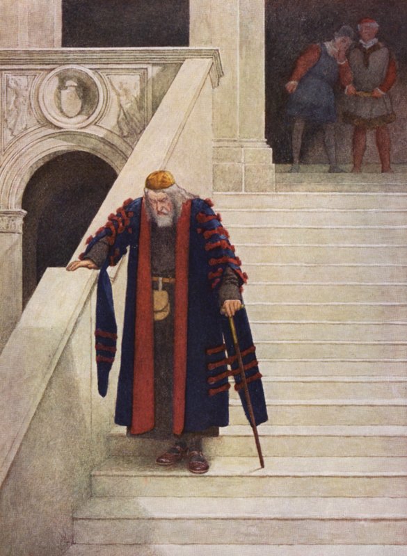 Shakespearen Venetsian kauppias: Shylock lähdössä herttuan palatsista (värilitografia). tekijältä James Dromgole Linton