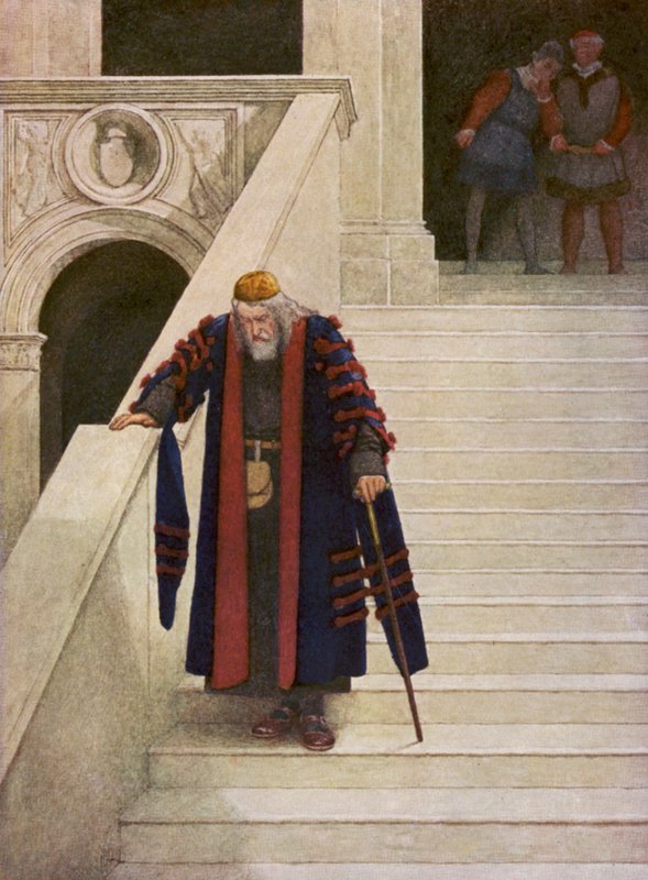 Shakespearen Venetsian kauppias: Shylock lähdössä herttuan palatsista (värilitografia). tekijältä James Dromgole Linton