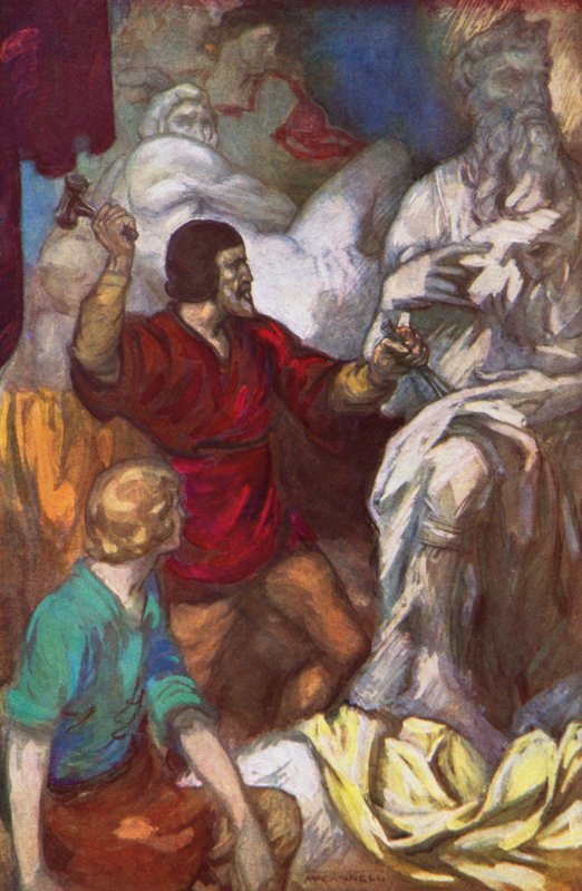 Michelangelo veistää Mooseksen kalliosta (värilitografia) tekijältä James Edwin McConnell