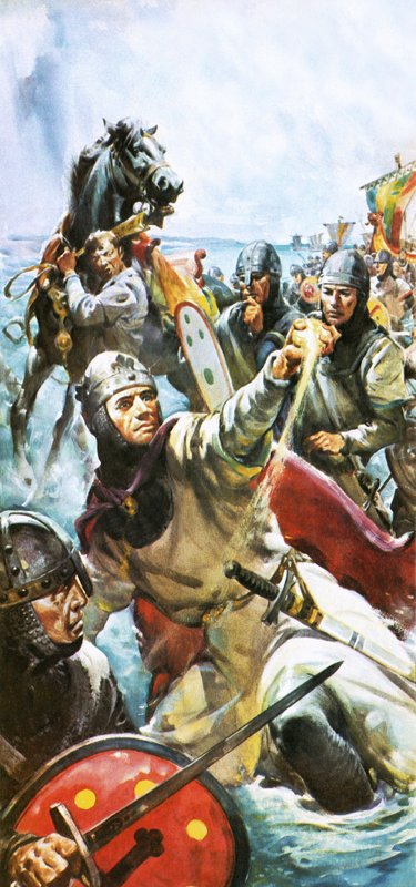 Vilhelm Valloittaja saapuu Englantiin vuonna 1066 ja ottaa mukaansa kourallisen hiekkaa. tekijältä James Edwin McConnell