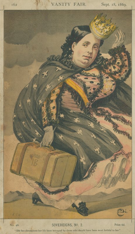 Isabella II, Espanjan kuningatar, hänet on koko elämänsä ajan pettänyt ne, joiden olisi pitänyt olla hänelle uskollisimpia, 18. syyskuuta 1869, Vanity Fair -sarjakuva tekijältä James Jacques Joseph Tissot