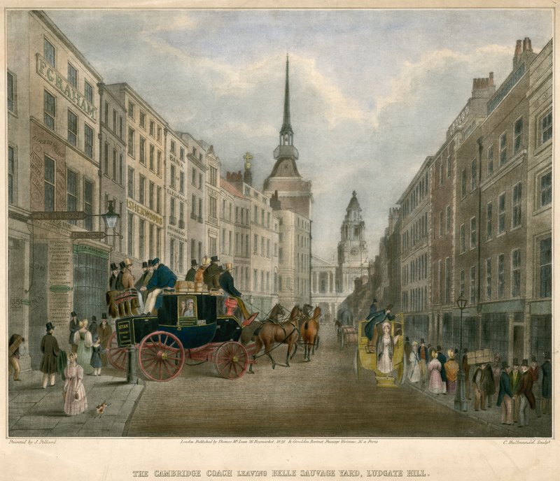 Cambridge Coach lähtee Belle Sauvage Yardilta, Ludgate Hill, Lontoo. tekijältä James Pollard