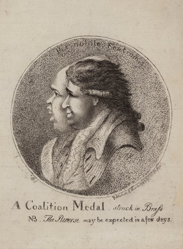 Coalition Medal, Struck in Brass: satiiri brittiläisten poliitikkojen Lord Northin ja Charles James Foxin koalitiosta, 1783 tekijältä James Sayers