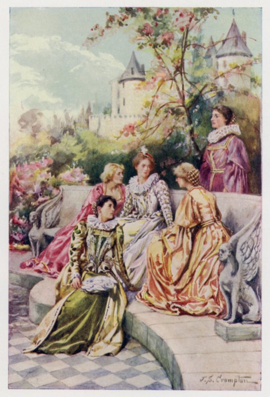 Mary Stuart, tuleva Skotlannin kuningatar Maria, hovinsa, Four Marysin kanssa, ollessaan Ranskassa 1550-luvulla tekijältä James Shaw Crompton