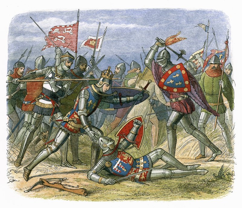 Alenconin herttua hyökkäsi kuningas Henrik V:n kimppuun Agincourtin taistelussa tekijältä James William Edmund Doyle