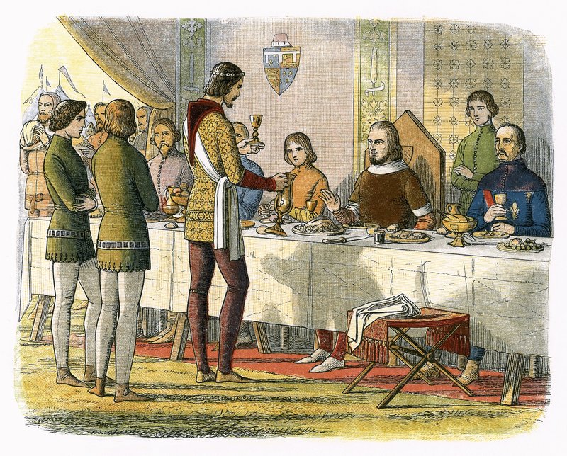 Prinssi Edward palvelee kuningas John of Artois pöydässä voitettuaan hänet Poitiersissa tekijältä James William Edmund Doyle