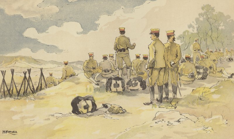 Keisarillisen kaartin pataljoona pysähtyy matkalla Liao-yangiin (chromolitho) tekijältä Japanese School