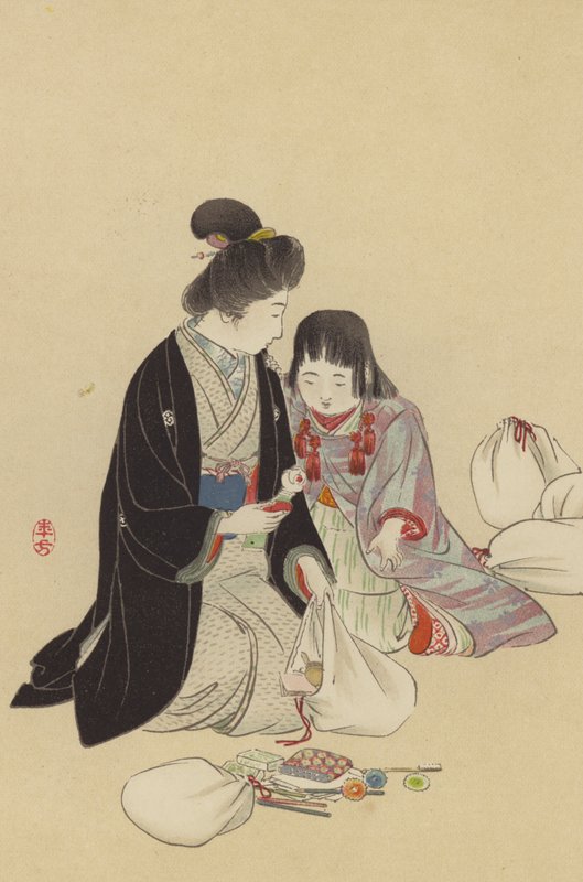 Äiti ja hänen tyttönsä järjestämässä lahjoja lähetettäväksi rintamalle (chromolitho) tekijältä Japanese School