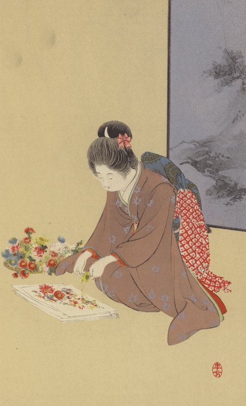 Nuori tyttö leikkii krysanteemien kanssa (chromolitho) tekijältä Japanese School