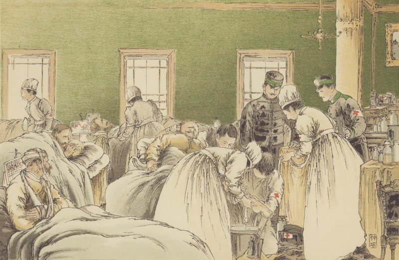 Venäläisten haavoittuneiden hoitaminen Japanin Punaisen Ristin seuran väliaikaisessa sairaalassa Chemulpossa (chromolitho) tekijältä Japanese School