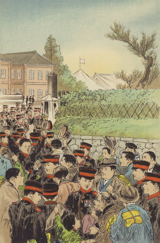 Keisarillisen kaartin reserviläisten kutsuminen väreihin (chromolitho) tekijältä Japanese School