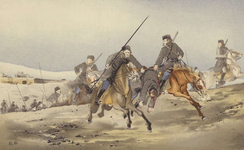 Kasakat juoksevat pakoon haavoittuneen kanssa (chromolitho) tekijältä Japanese School