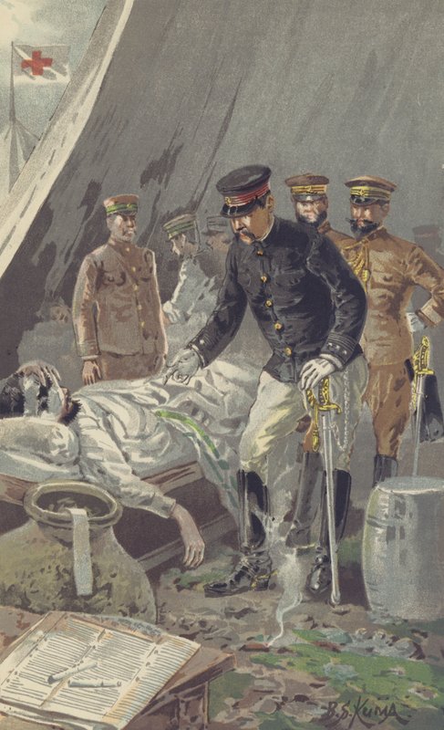 Kenraali prinssi Fushimi lohduttaa haavoittunutta sotilasta Nanshanin ankaran taistelun jälkeen (chromolitho) tekijältä Japanese School