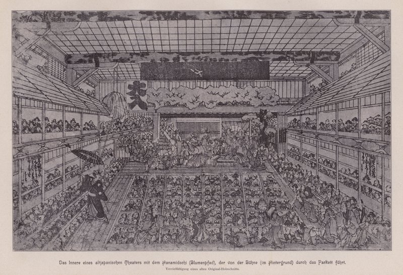 Perinteisen japanilaisen Kabuki-teatterin sisustus, jossa Hanamichi juoksee yleisön läpi teatterin takaosasta lavalle (litho) tekijältä Japanese School