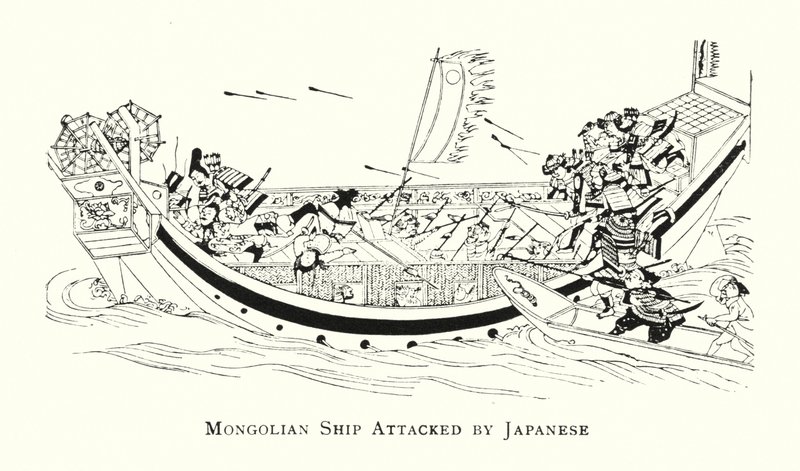 Japanilaiset hyökkäsivät Mongolian laivaan (litho) tekijältä Japanese School