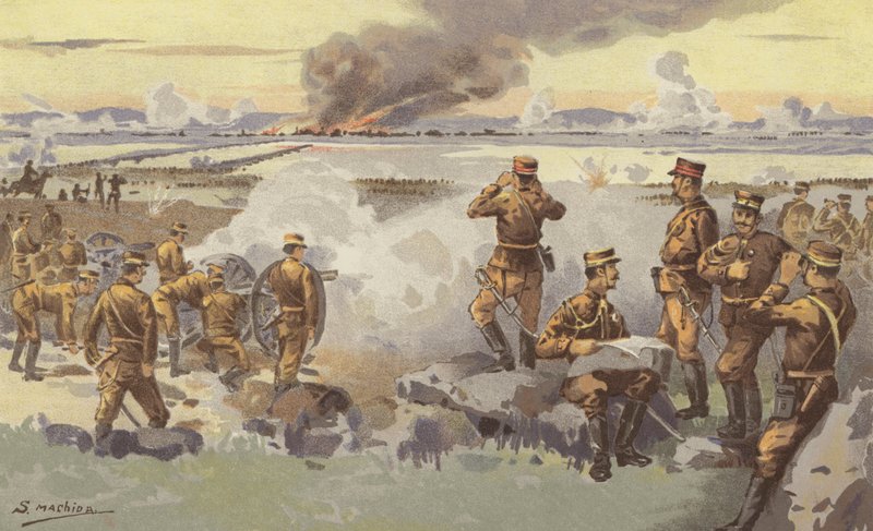 Tykistömme suorittama Liao-yangin pommitus (chromolitho) tekijältä Japanese School