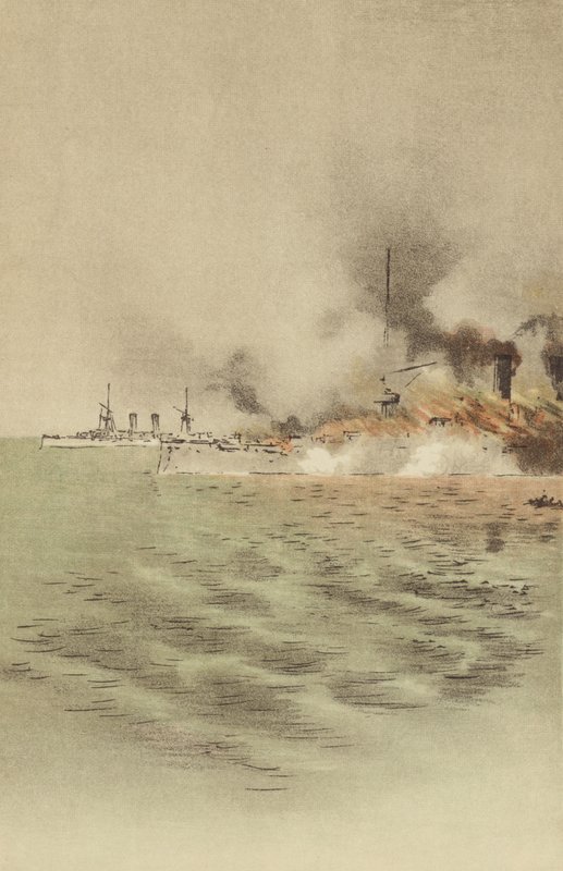 Varyagin sytytti tuleen hänen oma miehistönsä estääkseen vangitsemisen Chemulpossa (chromolitho) tekijältä Japanese School