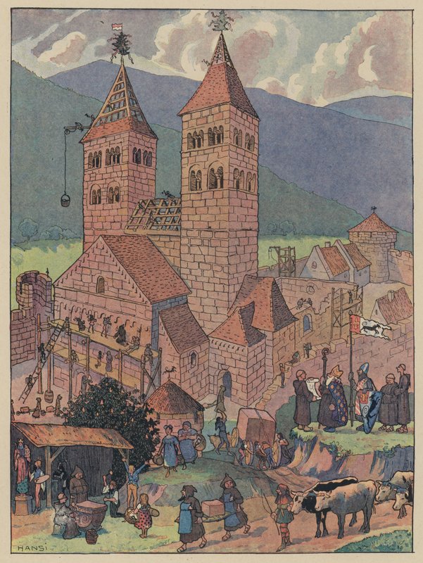 Murbach Abbeyn rakentaminen, lähellä Guebwilleriä, Alsace (väri litho) tekijältä Jean Jacques Waltz
