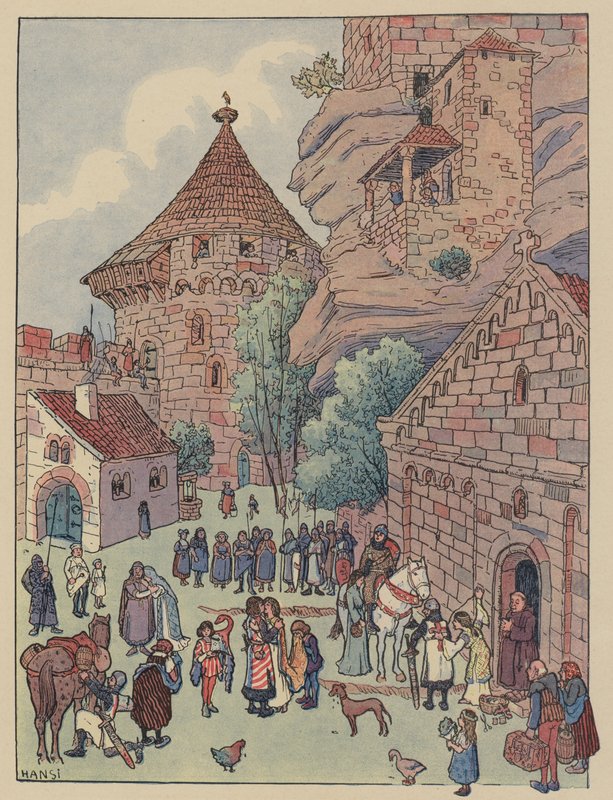 Chevalier du Hohbarrin lähtö ristiretkille (värilitho) tekijältä Jean Jacques Waltz