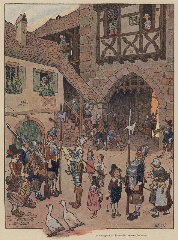 Riquewihrin porvarit kutsuivat aseisiin (väri litho) tekijältä Jean Jacques Waltz