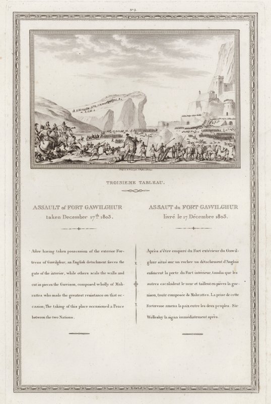 Britit valtasivat Gawilghurin linnoituksen Arthur Wellesleyn johdolla, toinen anglo-Marashtran sota, Intia tekijältä Jean (after) Duplessi Bertaux