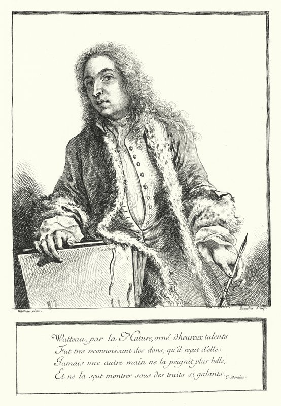 Ranskalaisen taiteilijan Antoine Watteaun omakuva (kaiverrus) tekijältä Jean Antoine (after) Watteau
