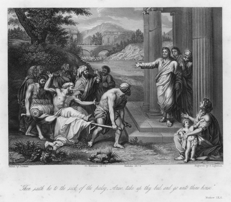 Palsoitu mies parantunut, Matteus IX, 6 (kaiverrus) tekijältä Jean Baptiste (after) Jouvenet