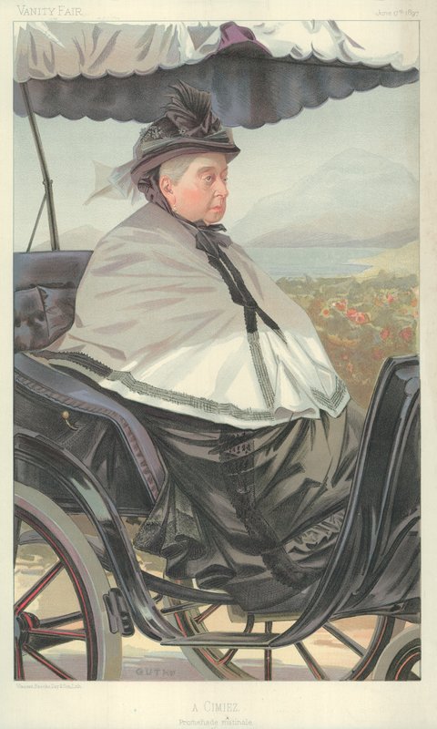 Kuningatar Victoria, A Cimiez, promenade matinale, 17. kesäkuuta 1897, Vanity Fair -sarjakuva. tekijältä Jean Baptiste Guth