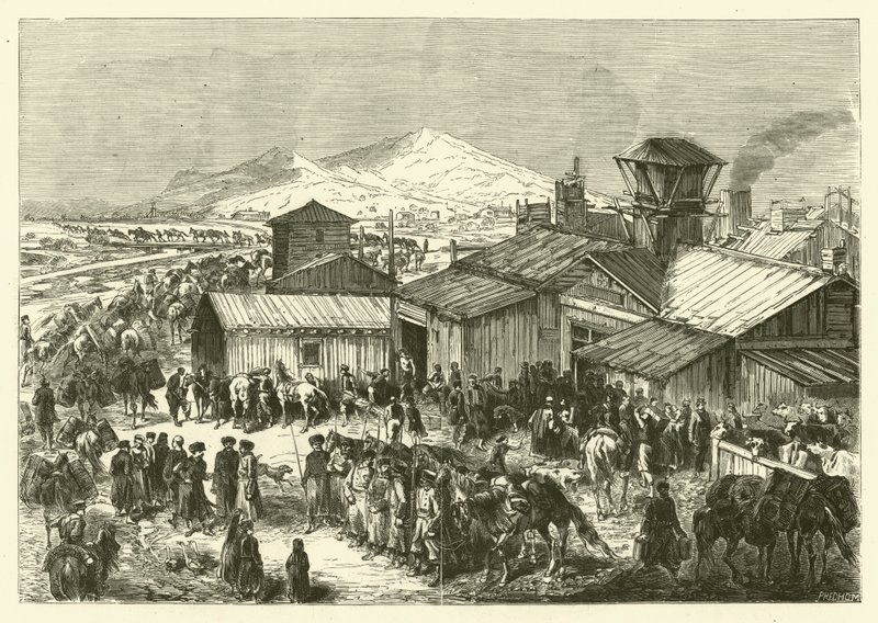 Venäjän kauppapaikka Kashgarissa (kaiverrus) tekijältä Jean Baptiste Henri Durand Brager