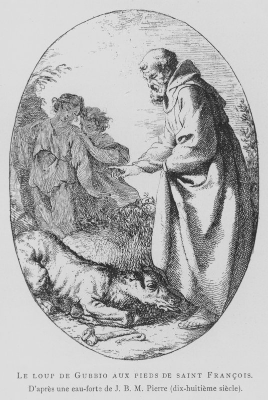 Gubbion susi Pyhän Franciscus Assisilaisen jaloissa (litho) tekijältä Jean Baptiste Marie (after) Pierre