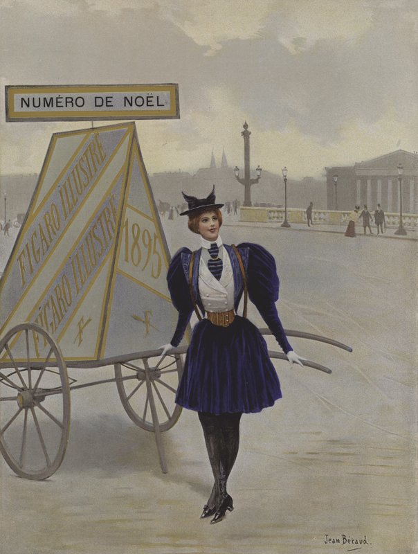 La Reclame de lAvenir (Tulevaisuuden mainonta). Kansikuva Le Figaro Illustresta, joulukuu 1895 tekijältä Jean Beraud