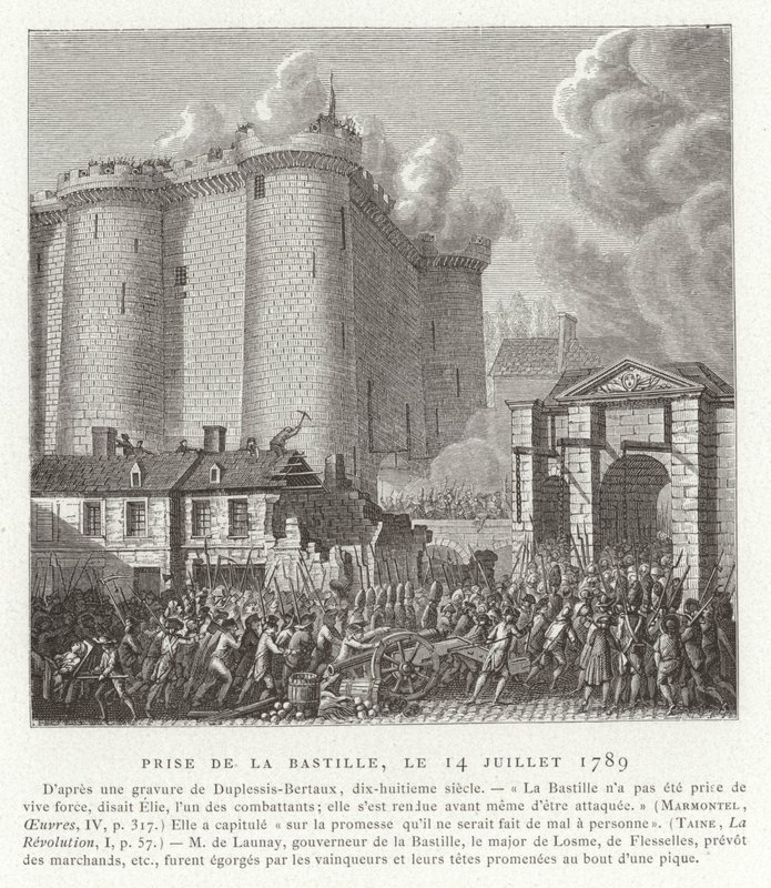 Bastilian rynnäkkö, Pariisi, Ranskan vallankumous, 14. heinäkuuta 1789. tekijältä Jean Duplessis Bertaux