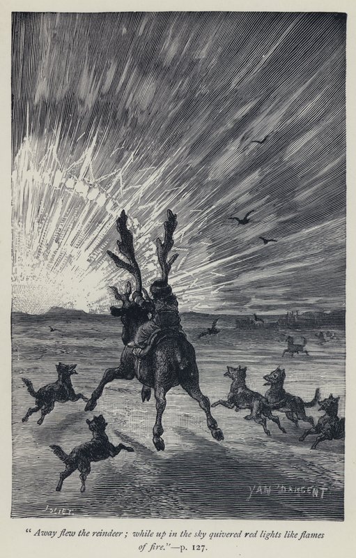 "Poro lensi pois, kun taas taivaalla värähtelivät punaiset valot kuin tulen liekit" (kaiverrus) tekijältä Jean Edouard Dargent