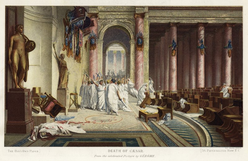Caesarin kuolema (chromolitho) tekijältä Jean Leon (after) Gerome