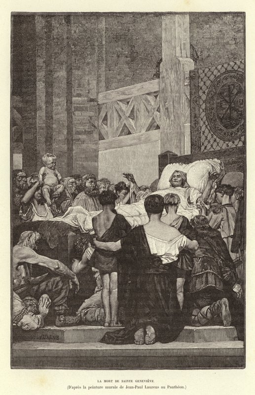 La Mort de Sainte Genevieve. Pyhän Genevieven kuolema, c512 (kaiverrus) tekijältä Jean Louis Hamon