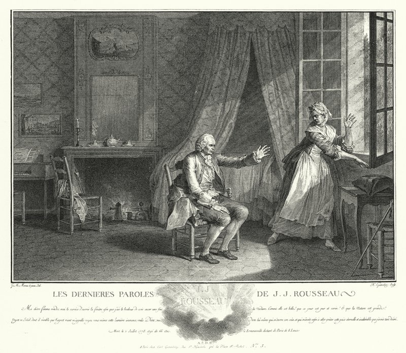 Jean-Jacques Rousseaun viimeiset sanat (kaiverrus) tekijältä Jean Michel the Younger Moreau
