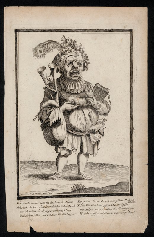 Mies kantaa säkkipillisarjaa ja päällään riikinkukon höyhenpäähine, surrealistinen pukuprintti, c1700 (kaiverrus) tekijältä Jeremias Wolff