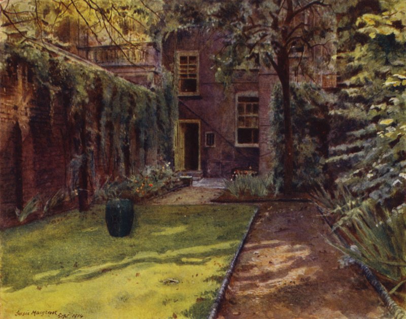 Carlyle House, Näkymä puutarhaan ja taloon (väri litho) tekijältä Jessie MacGregor