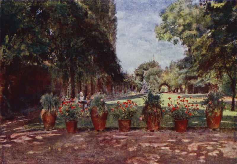 Kelmscott House, Näkymä taloon ja puutarhaan, jokeen päin (väri litho) tekijältä Jessie MacGregor