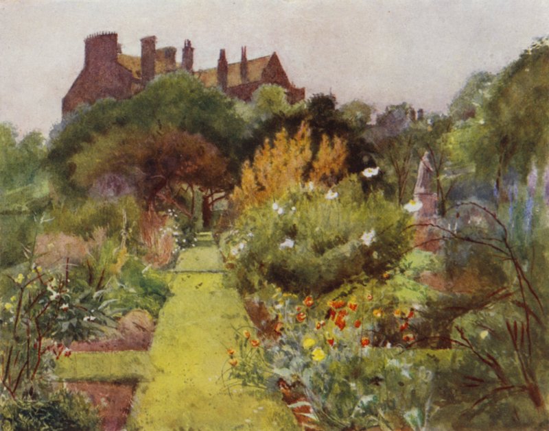 Physicke Garden, Chelsea, Näkymä puutarhaan (väri litho) tekijältä Jessie MacGregor