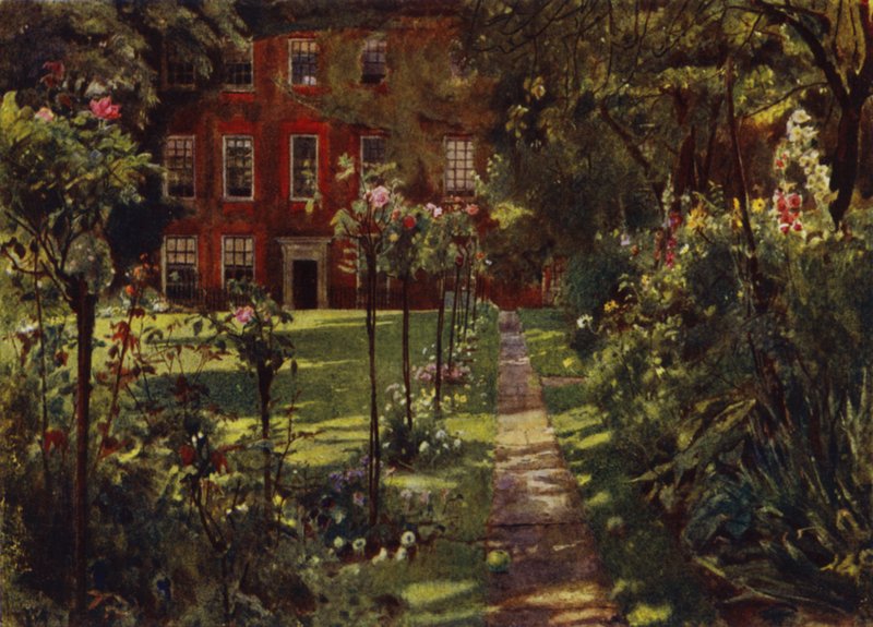 Walpole House, Näkymä taloon ja puutarhaan (väri litho) tekijältä Jessie MacGregor