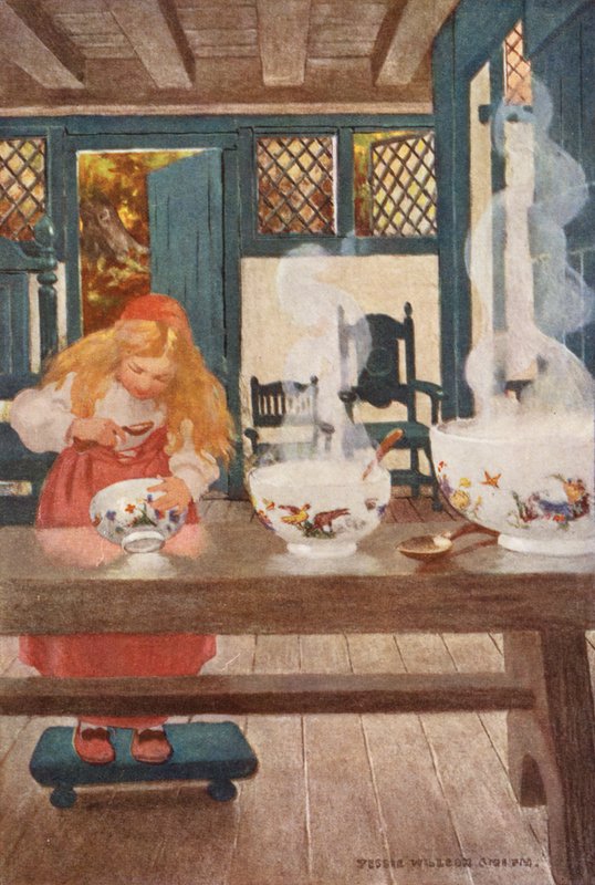 Kultakutri eli kolme karhua (värilitografia) tekijältä Jessie Willcox Smith