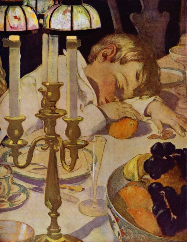 Robin laski päänsä käsivarrelleen ja sulki silmänsä (väri litho) tekijältä Jessie Willcox Smith