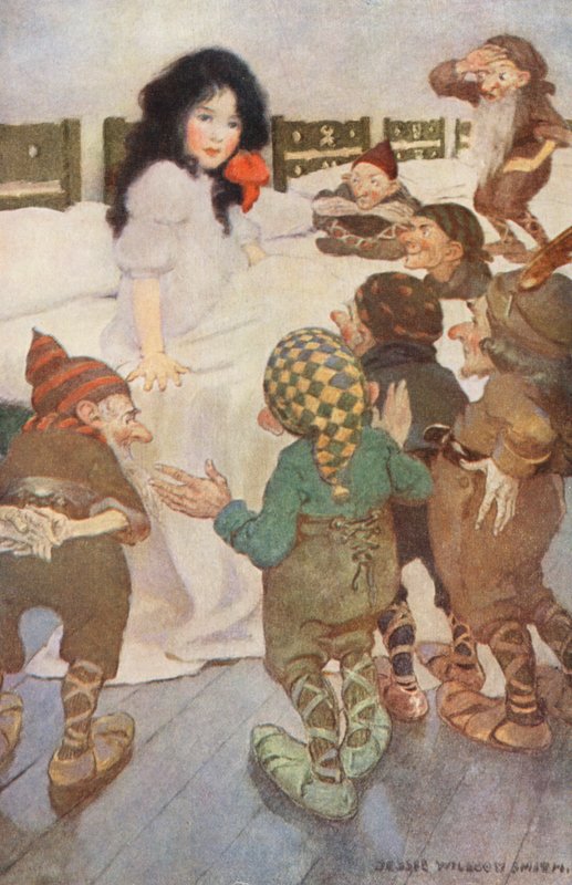 Lumikukka ja seitsemän pientä kääpiötä (värilitografia) tekijältä Jessie Willcox Smith