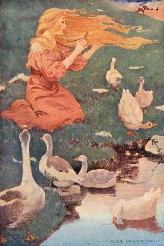 Hanhityttö (värilitografia) tekijältä Jessie Willcox Smith