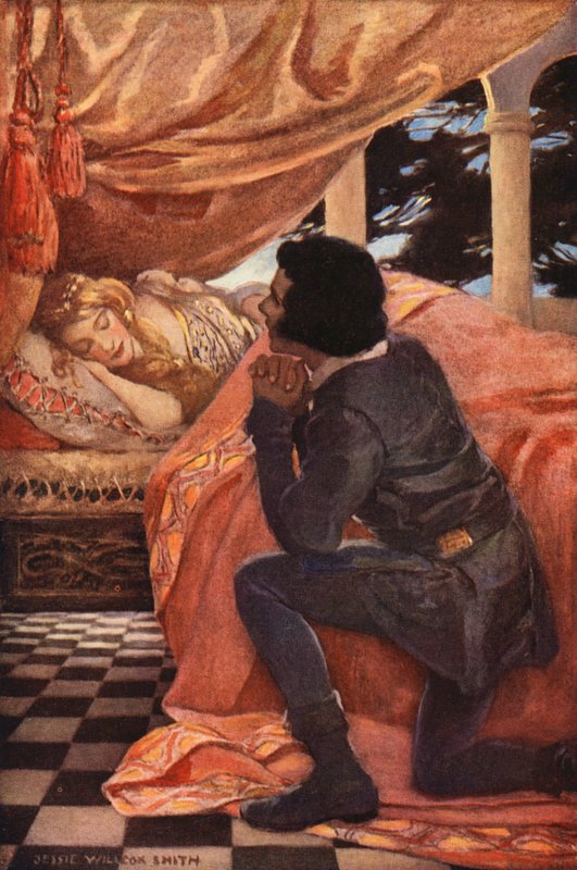 Nukkuva kaunotar (värilitografia) tekijältä Jessie Willcox Smith
