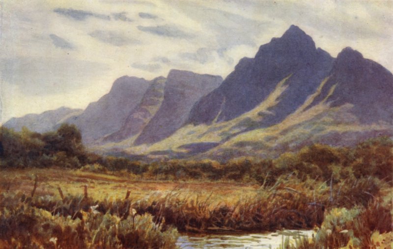 Cape Peninsula, Etelä-Afrikka: Pöytävuori Cape Flatsista (väri litho) tekijältä Joaquin Xaudaru y Echau