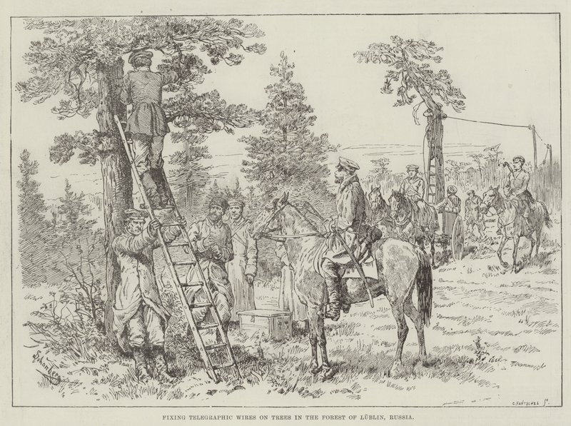 Lennätinjohtojen kiinnittäminen puihin Lublinin metsässä Venäjällä. tekijältä Johann Nepomuk Schonberg