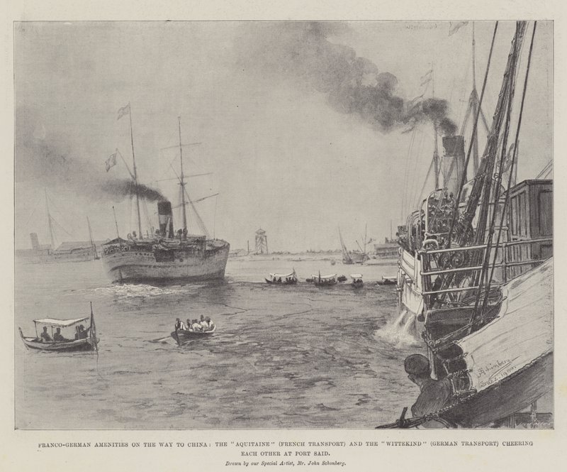Ranskalais-saksalaiset mukavuudet matkalla Kiinaan, Aquitaine (ranskalainen liikenne) ja Wittekind (saksalainen liikenne) kannustavat toisiaan Port Saidissa tekijältä Johann Nepomuk Schonberg